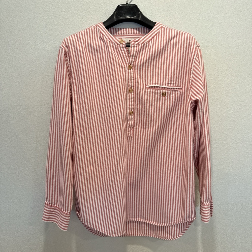 Madda Fella Red & White Striped Quarter Button Long Sleeve Top Size M